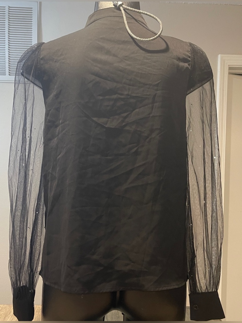 chic Black Sheer-Sleeve Top with Holiday Tree Graphic, Size Small - Picture 6 of 12